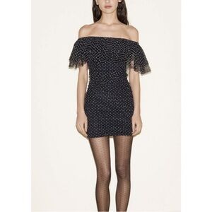 Maje Black Polka Dot Off-Shoulder Tulle Ruffle Dress 2 / M